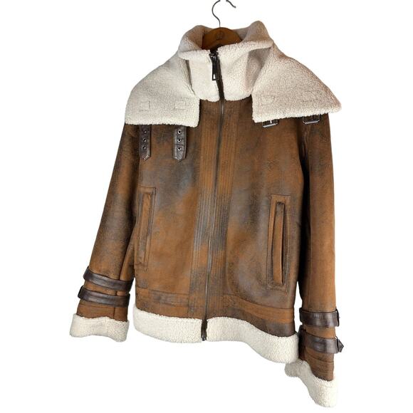 Zara Faux Leather Sherpa Lined Aviator Style Contrast Double Collar Jacket Large - Picture 5 of 13